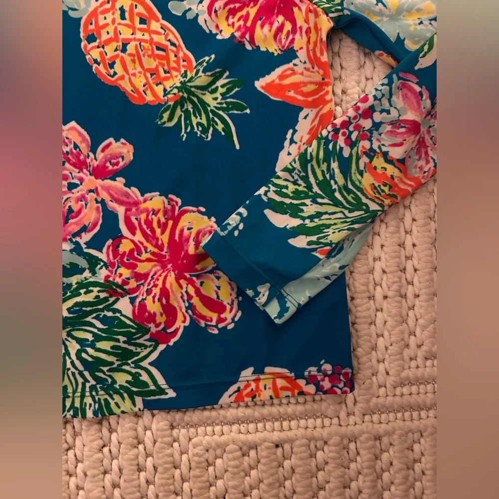 Gymboree Women Sz M (7-8) Blue Pineapple Floral Long Sleeve Rash-guard Swim Top
